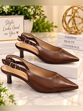 a new day Brown Pointed-Toe Slingback Kitten Heels